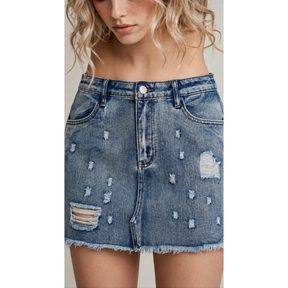 Distressed Denim Mini Skirt Acid Wash Frayed Hem Ripped Y2K NWT Size L 8/10